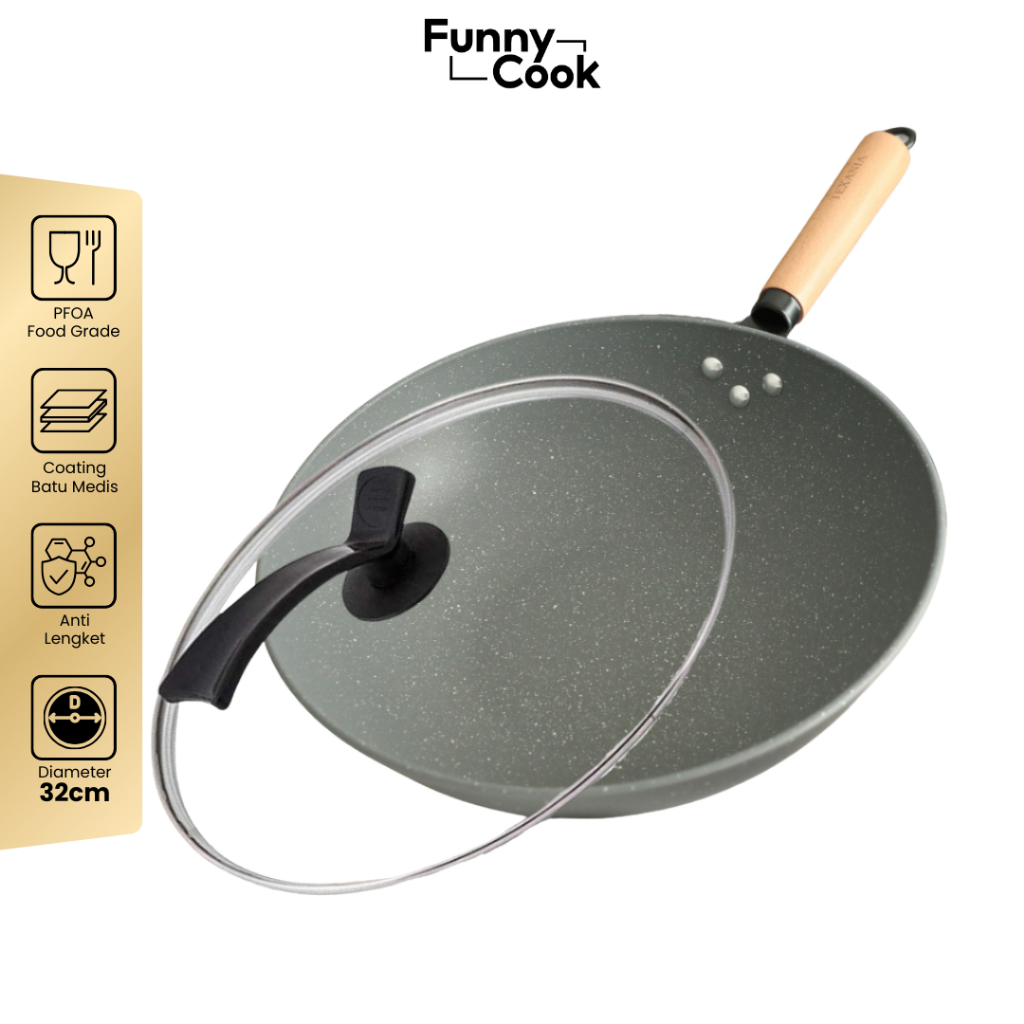 FUNNYCOOK Wok Pan Wajan Penggorengan 32CM Marble Granite Anti Lengket Tebal Tahan Gores