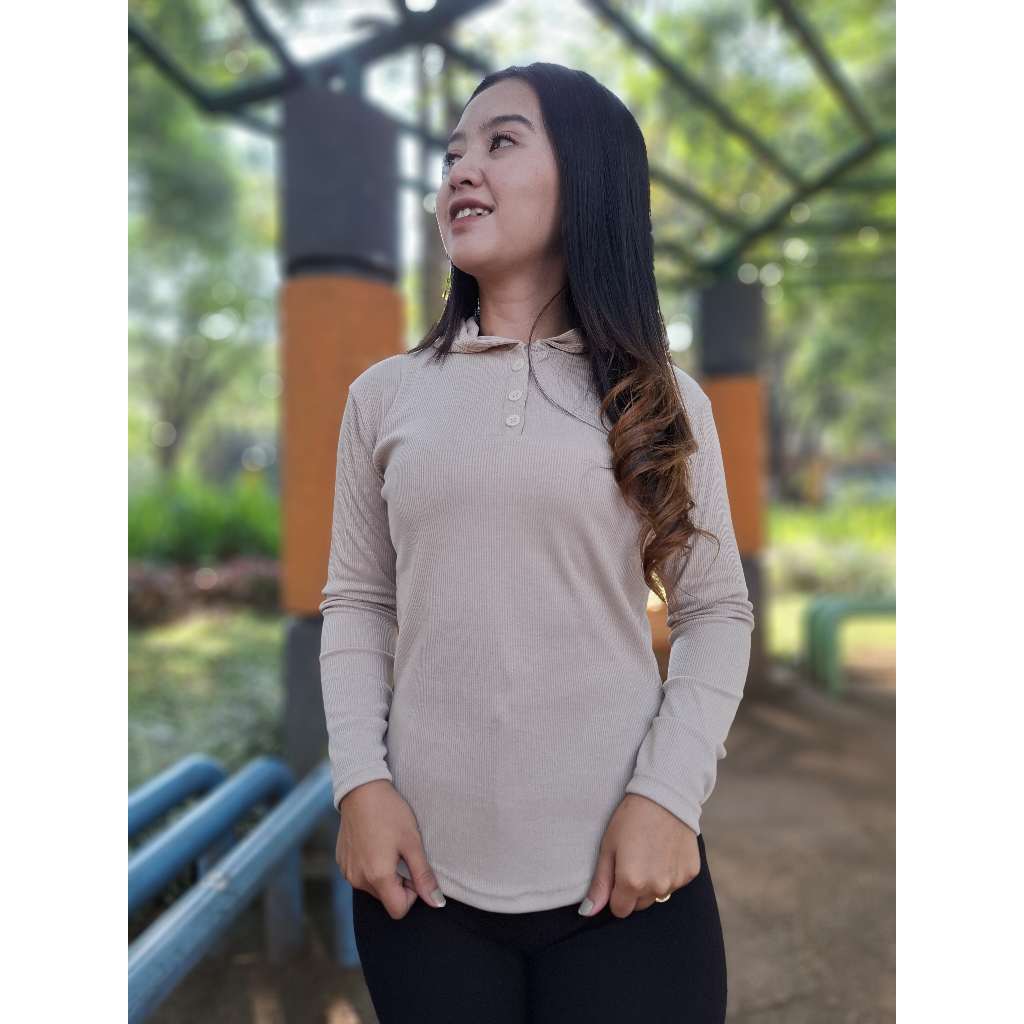 Hodie wanita | hodie lengan panjang rib wanita | atasan hodie knit polos | top hodie wanita