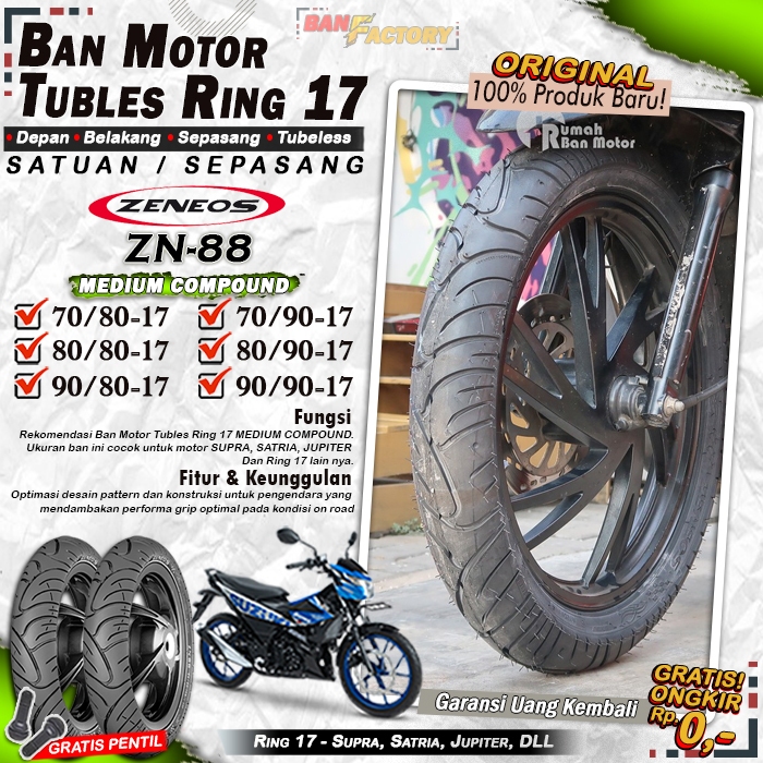 Ban Motor Bebek Zeneos ZN88 Ring 17 Tubles Ban Motor Tubeless Supra Satria Vixion Ring 17 Tubles