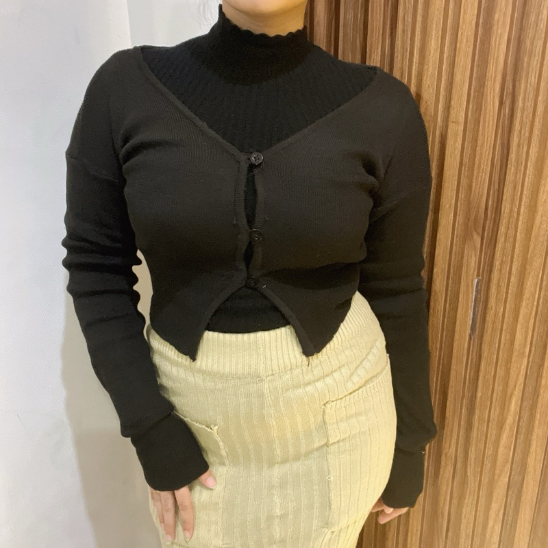 KIL Cardan Blazer Knitted Long Sleeve Crop Top Blazer Kardan Rajut Lengan Panjang Kancing Rajut