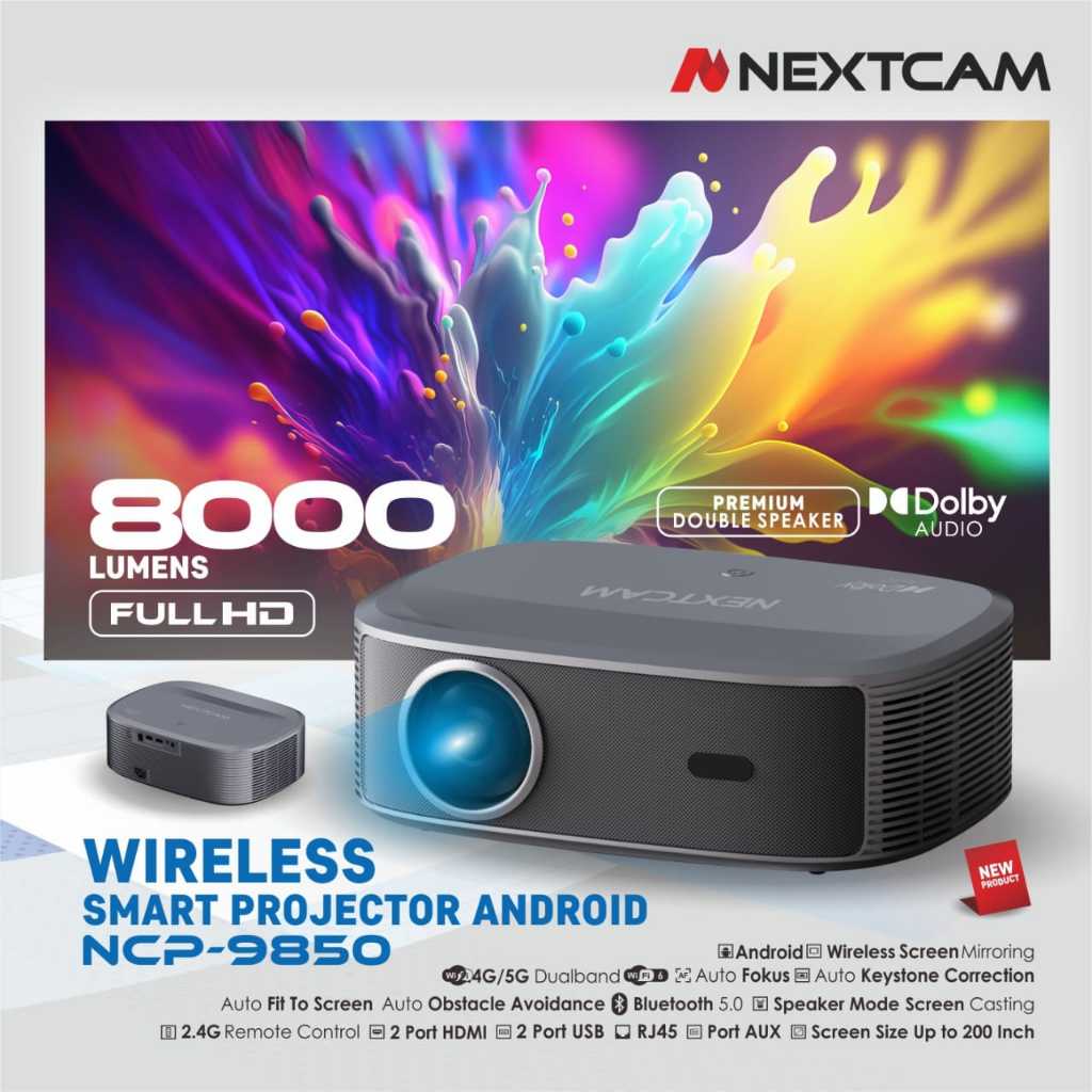 Nextcam Smart Projector Wireless Android Proyektor Full HD 8000lumens 5G Netflix Youtube Fully Auto 