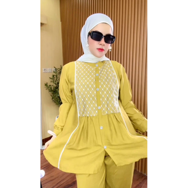 SETELAN CELANA POLO LINEN X BRUKAT | DELI SET | SETELAN KONDANGAN BRUKAT SEHARI HARI BUSUI ADEM SETE