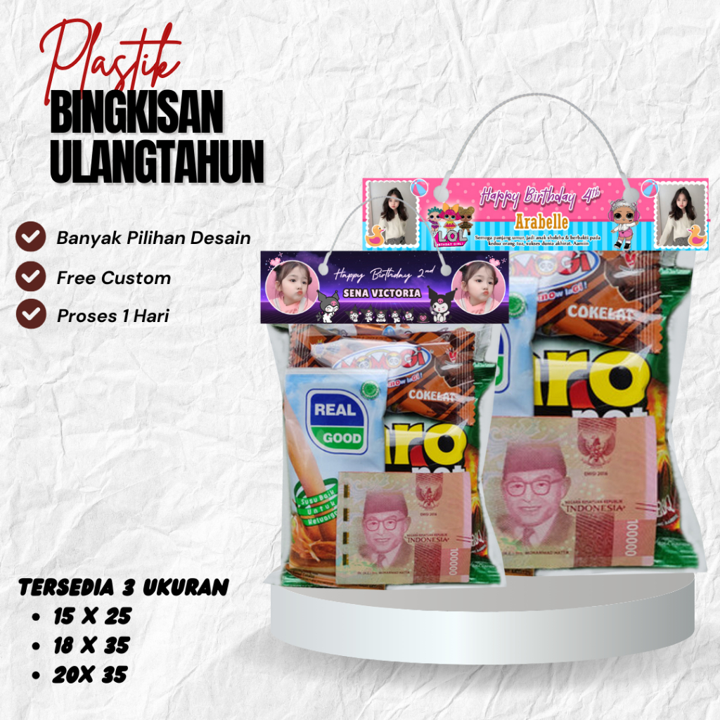 

plastik snack ultah custom murah ukuran 15 cm x 25