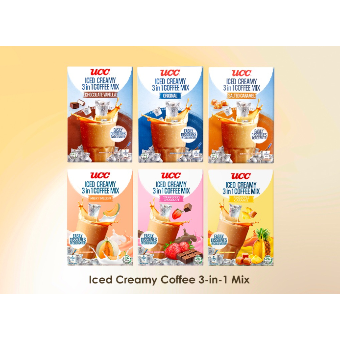 

Kopi UCC Coffee Strawberry Melon Caramel Chocolate Melon Pineapple Halal Iced Creamy 3in1 Coffe Mix 1 Box isi 10 sachet