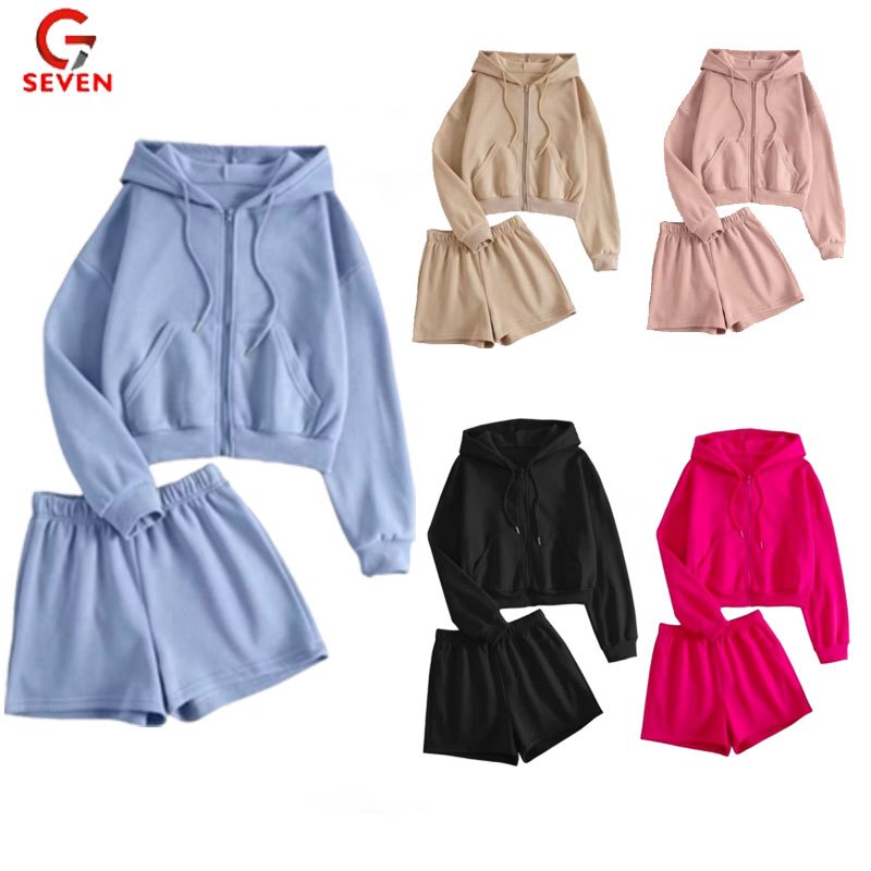 ONE SET CROP HOODIE ZIPPER X CELANA PENDEK SETELAN WANITA KOREA STYLE