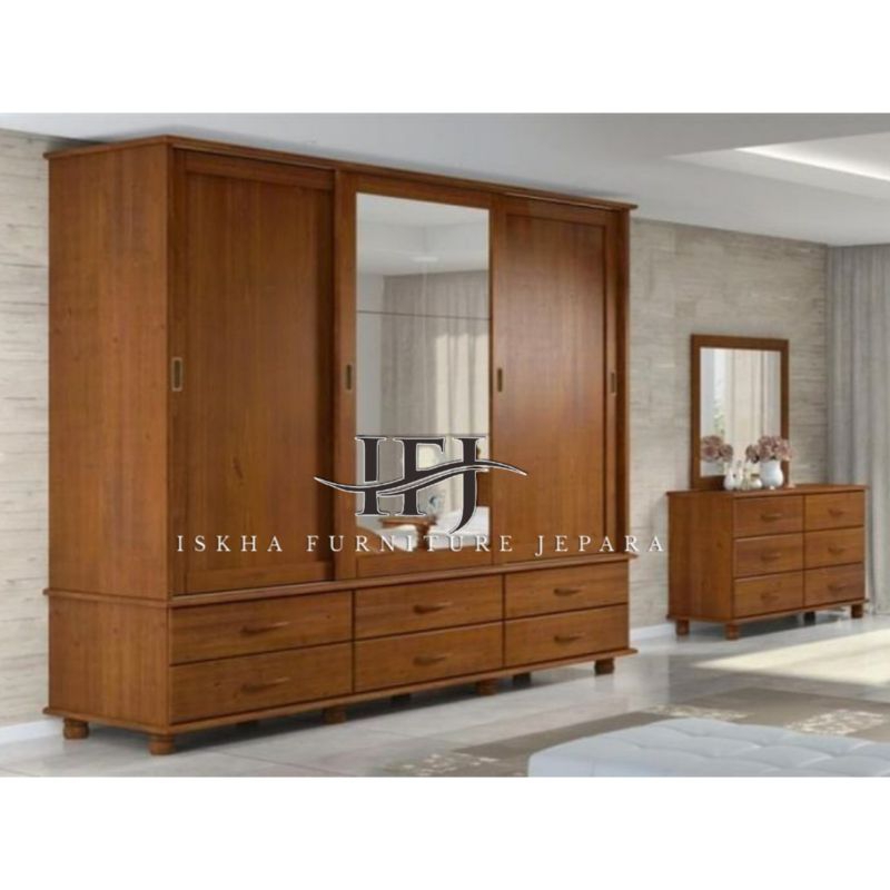 ALMARI PAKAIAN PINTU 3 SLIDING_ALMARI PAKAIAN KAYU JATI MODERN_ALMARI PAKAIAN KOMBINASI KACA