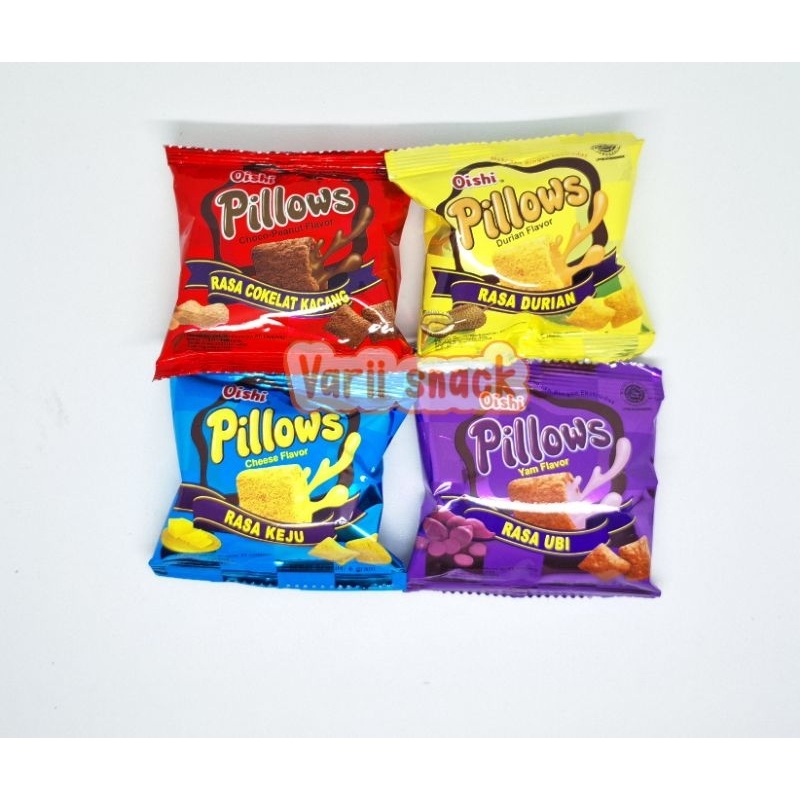 

Oishi Pillows Aneka Rasa Coklat / Ubi / Keju / Durian / Coklat Kacang 1 Pak 20 pcs