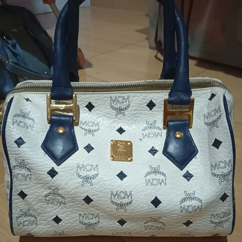 tas hand bag mcm putih biru