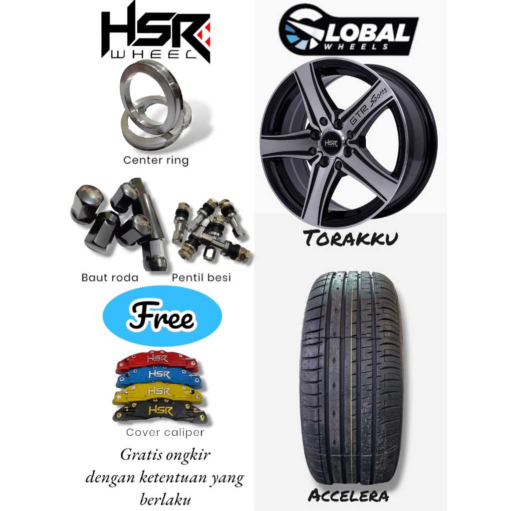 Hsr velg mobil jazz ring 15 lebar 65 komplit ban, baut roda, pentil besi, center ring