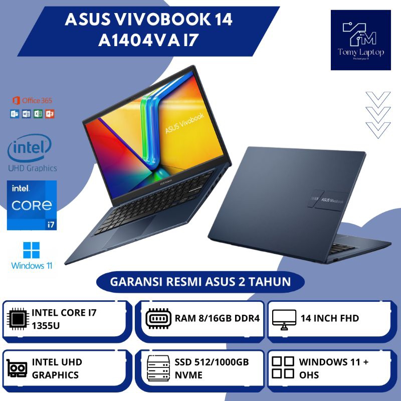 LAPTOP BARU ASUS VIVOBOOK 14 A1404VA/ INTEL CORE I7-1355U/ RAM 8/16GB DDR4/ SSD 512/1000GB NVME/ 14I