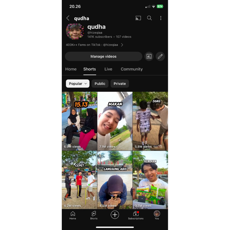 AKUN YOUTUBE 140.000 SUBSCRIBER (MONETIZE) + BONUS AKUN TIKTOK 490.000 FOLLOWERS