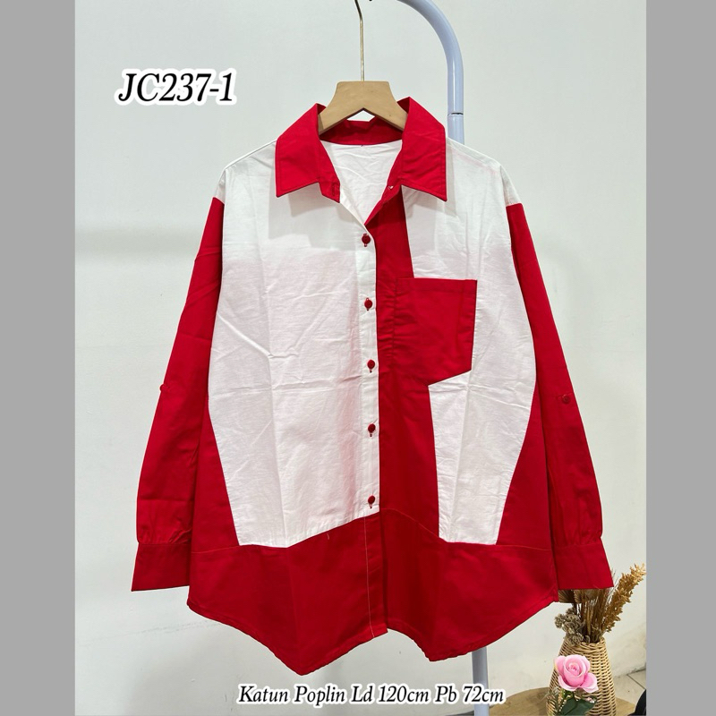 Kemeja merah putih wanita || Blouse merah putih || Kemeja katun wanita