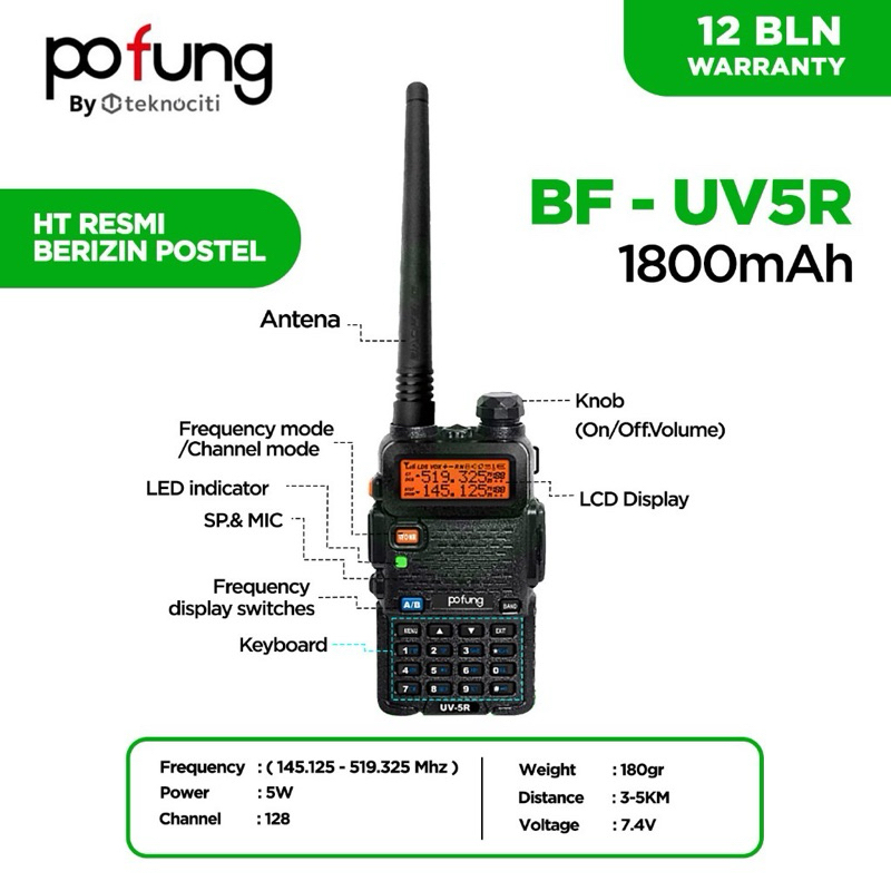 POFUNG UV5R Walkie Talkie Dual Band 5W 128CH UHF+VHF - HT UV-5R /HT 5 km