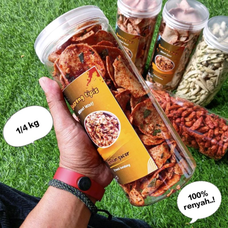 

keripik basreng tipis pedas daun jeruk kemasan toples