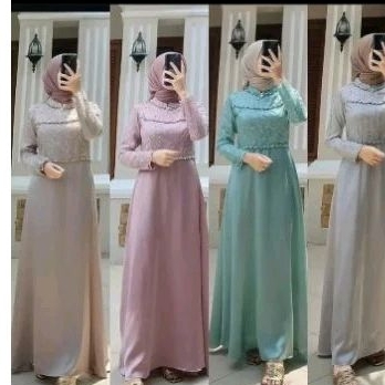 gamis satin mewah kombinasi brokat kekinian style fashion terkini