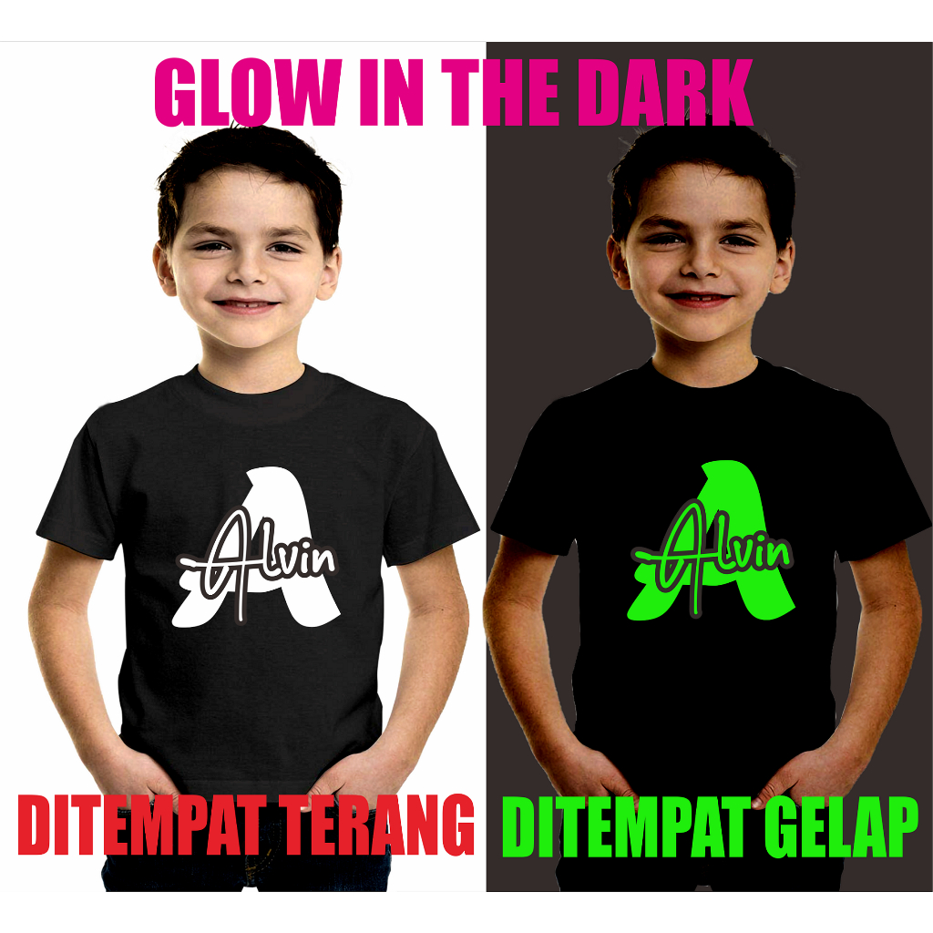 KAOS CUSTOM NAMA INISIAL ANAK GLOW IN THE DARK NYALA DALAM GELAP