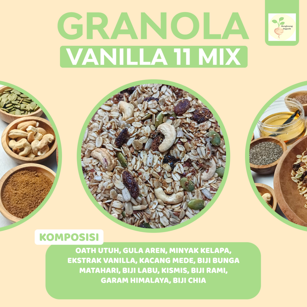 

SUPER GRANOLA 500GR - VANILLA 14 MIX Rolled Oat, Almond, Cranberry, Cashew, Pumpkin seed, Raisin,