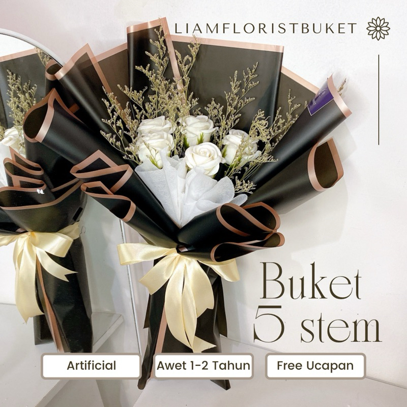 BUKET BUNGA MAWAR 5 STEM SPON/BUKET BUNGA ARTIFICIAL PREMIUM/BUKET ULANG TAHUN BUKET WISUDA