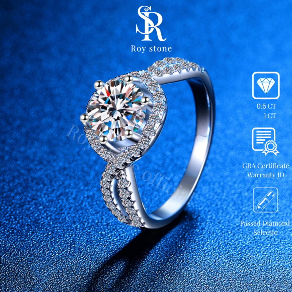 RoyStone - Cincin Wanita Moissanite Sertifikat GRA Original Lapis Emas - Clara Ring