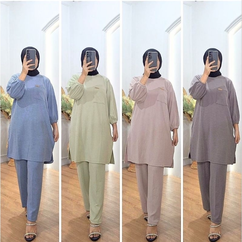stelan baju tunik  dan celana atasan bawahan setcel tunik