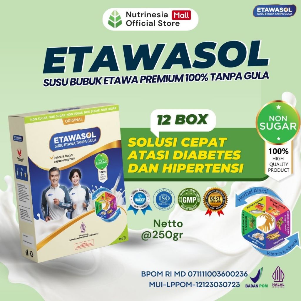 

Etawasol Susu Etawa Tanpa Gula Untuk Diabetes, Darah Tinggi, Nyeri Sendi dan Pernafasan Kemasan 250gr 12 Box