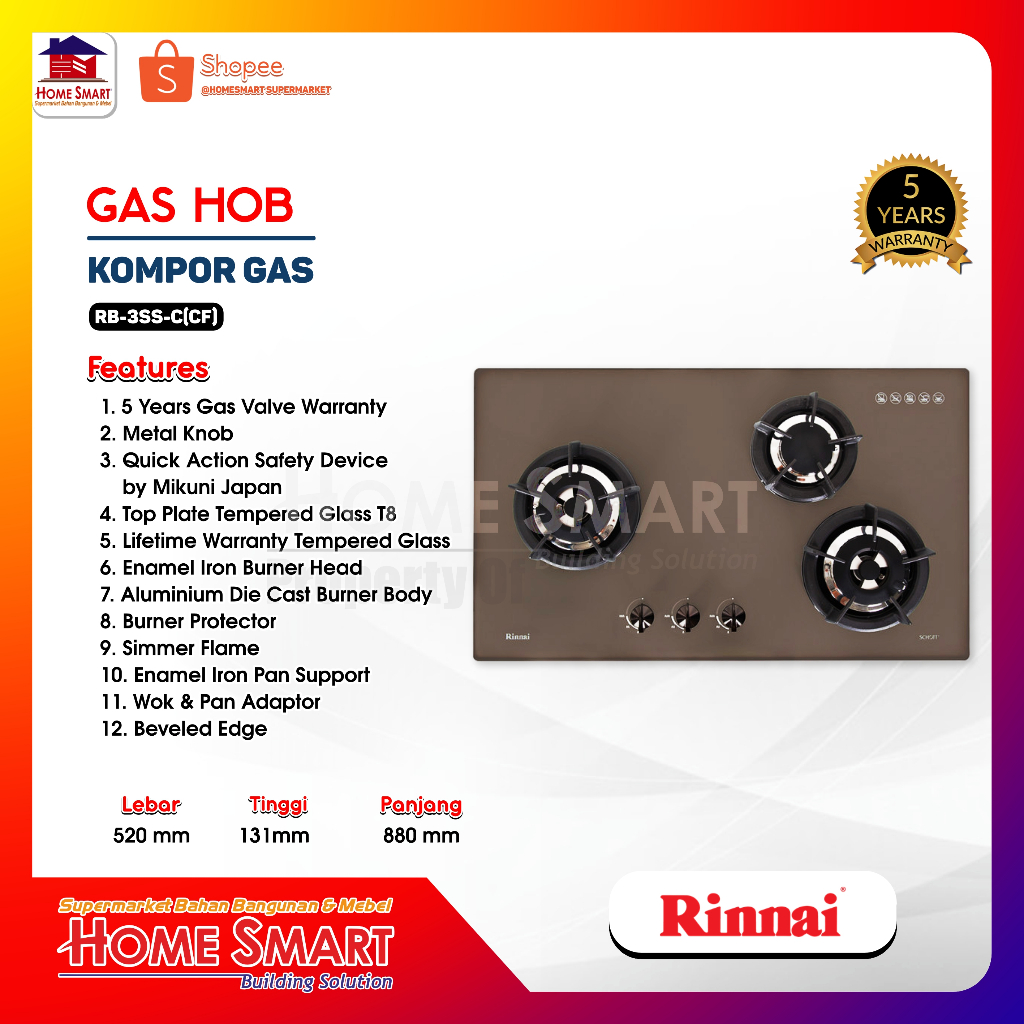 Built-in Gas Hob Kompor Gas Tanam 3 Tungku Rinnai RB-3SS-C (CF)