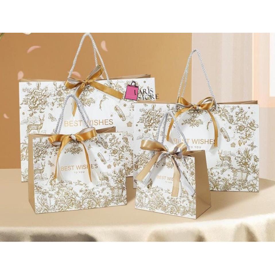 

PAPERBAG BEST WISHES PUTIH COKLAT FREE PITA GOLD MEWAH / KANTONG UNTUK HADIAH / KANTONG HAMPERS