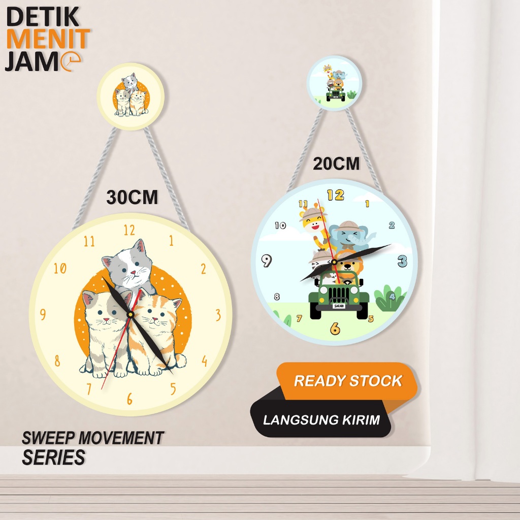 JAM DINDING 20CM GANTUNG KAYU PAJANGAN RUANGAN KELUARGA WALL CLOCK KAMAR ANAK CEWE COWO ANIMAL CUTE