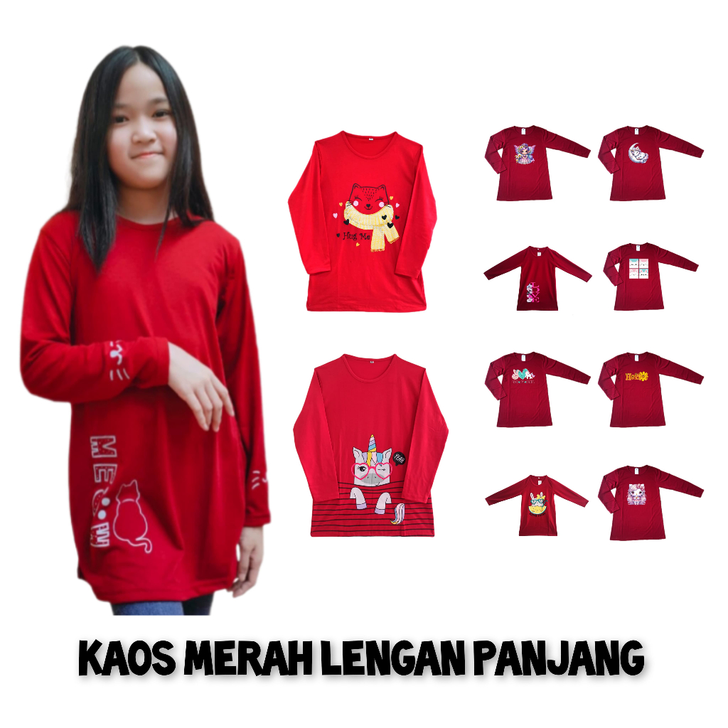 Kaos Merah/ Merah hati lengan panjang anak model tunik