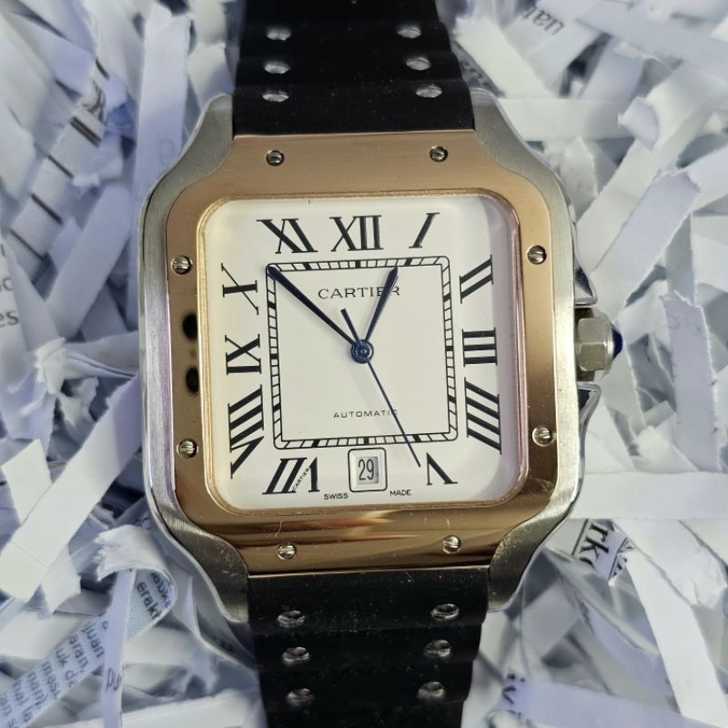 Cartier*Santos Square Dual Tone White Dial Strap Rubber Jam Tangan Automatic