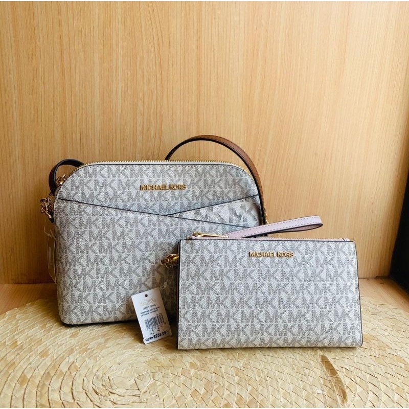 Tas MK Dome Cb Sign Vanilla Luggage & Dompet MK L Double Zip Wristlet Sign Vanilla Pink Original