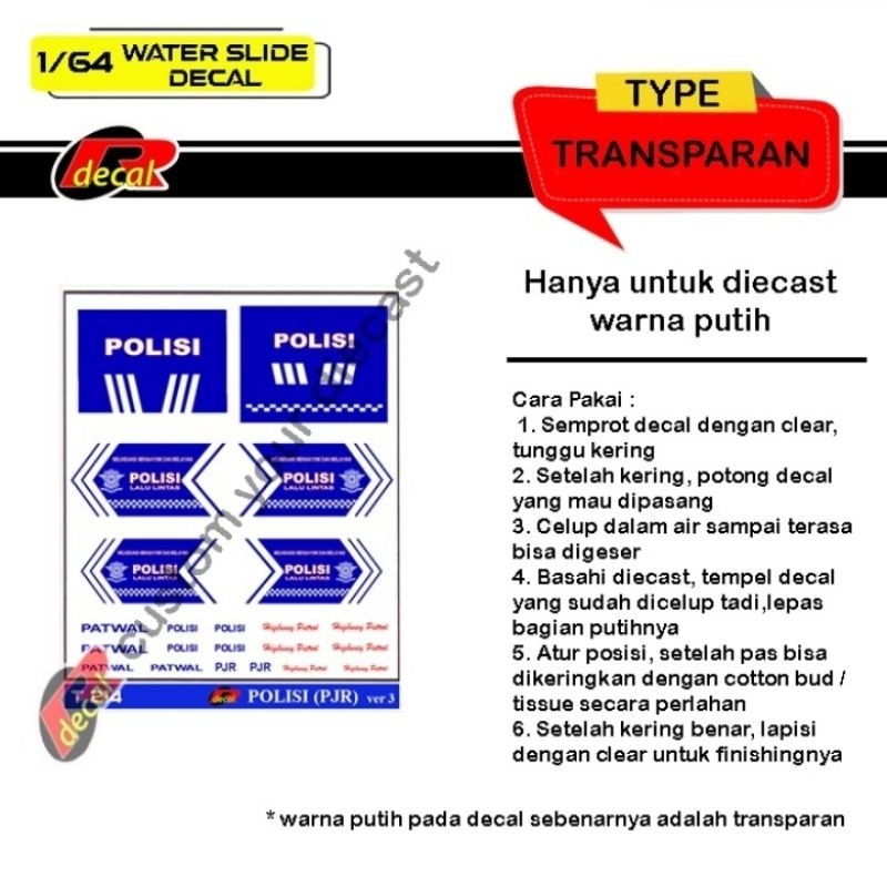 T214 Decal Hotwheels Transparan 1/64 Polisi (PJR) ver 3