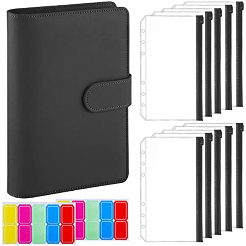 

A6 PU Binder Planner Notebook Organizer Storage Cash Envelope Bills Pockets with 10pcs Folders Label Stickers Stationery