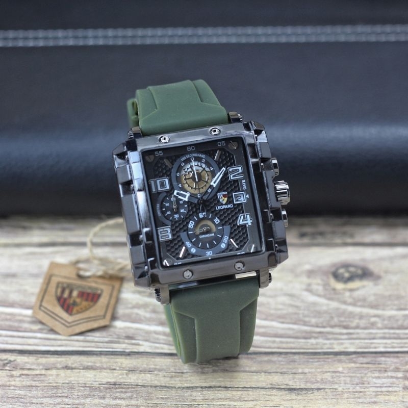 Jam tangan Pria Leopard 8826Mc tali silicon /karet analog tanggal chronograp aktif sport original