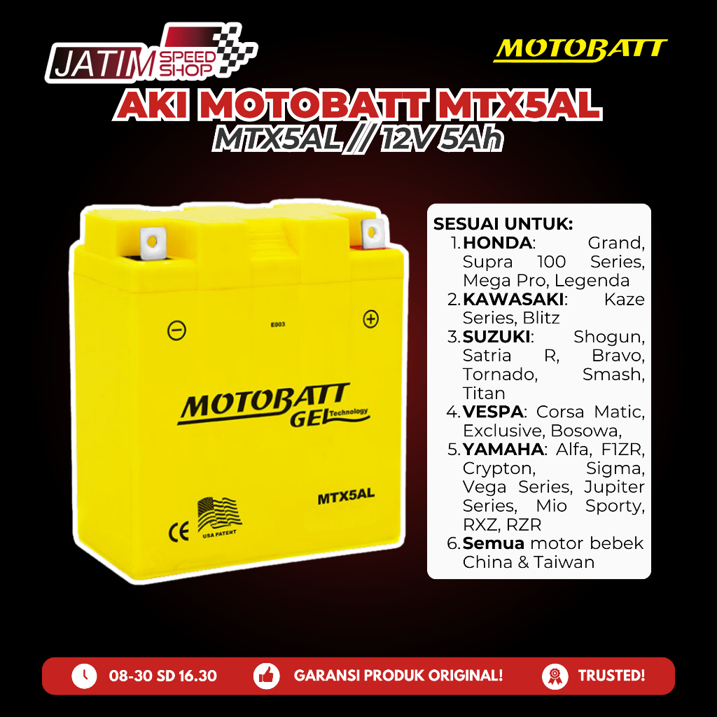 MOTOBATT Aki Motobat MTX5AL 5AL 12V 5Ah Aki Kering Untuk Grand Supra Kaze Blitz Shogun Satria R Smas