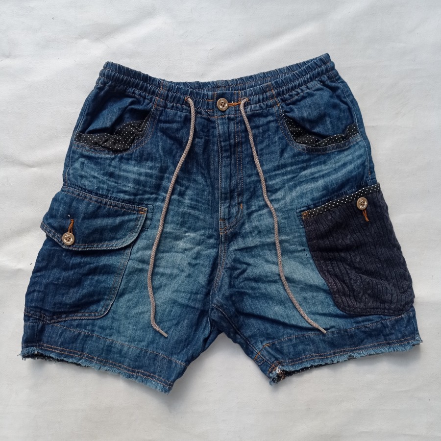 celana pendek denim patchwork frapbois short pant casual issey miyake