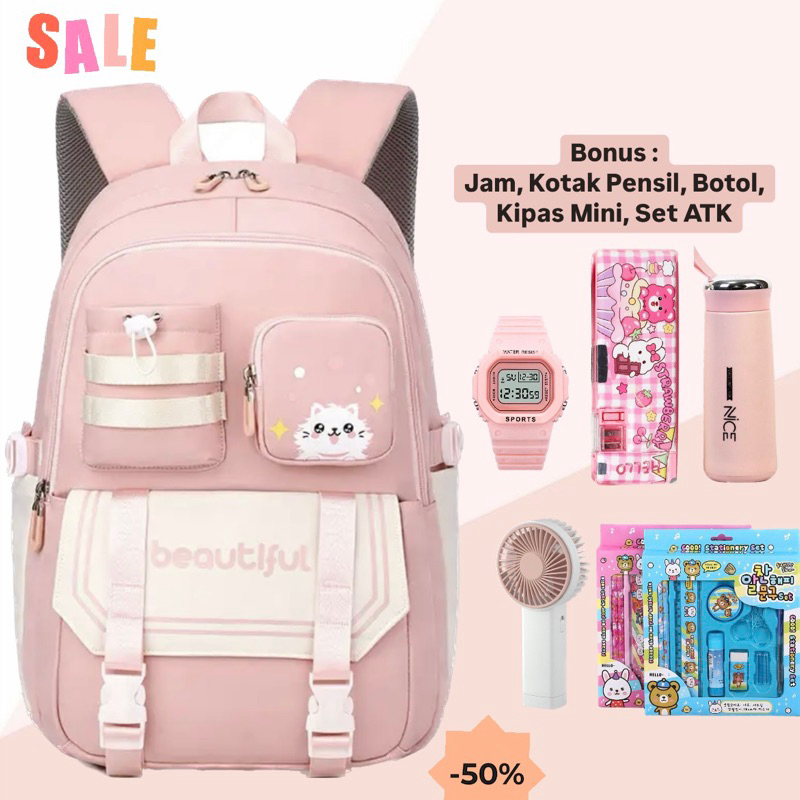 MINISO COD Tas Ransel Sekolah Anak Sekolah Perempuan SD SMP Beautiful Happy Summer Full Paket Satu S