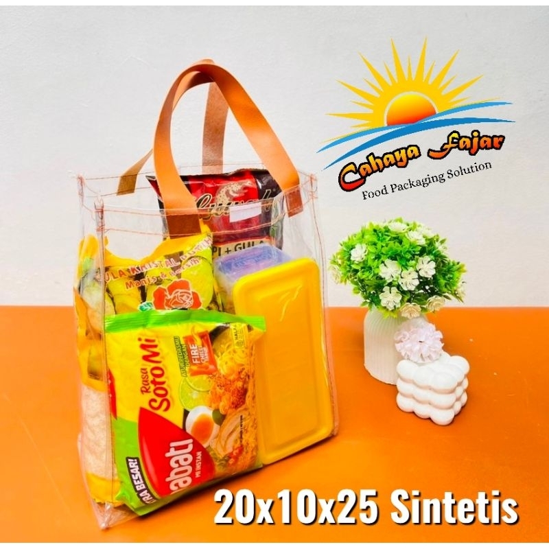 

Tas Mika Plastik Tebal 20x10x25 Tali Kulit Bening Sintetis Hempers