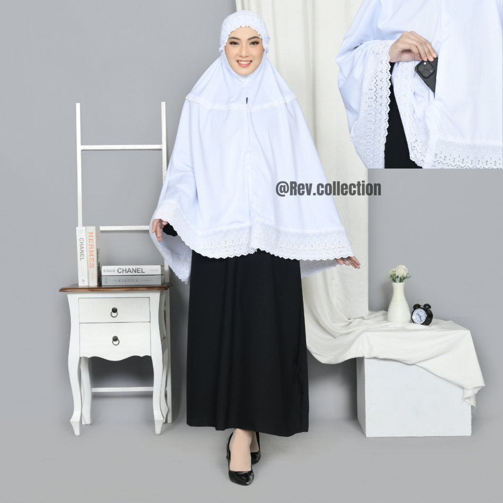 Bergo Umroh Putih Premium Jumbo Polos List Renda - Hijab Instan Haji Wanita Kantong Depan