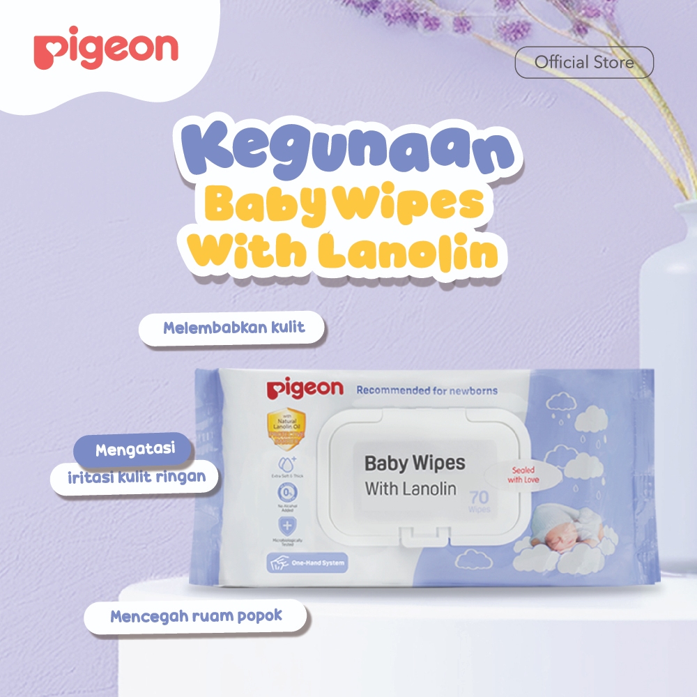 PIGEON Baby Wipes With Lanolin 70 Sheets | Tisu Basah Bayi | Tisu Lembut untuk Kulit Sensitif