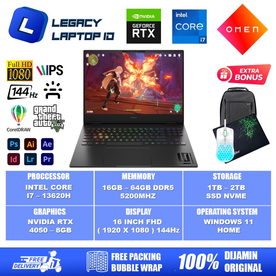 Laptop Gaming HP Omen 16 Intel Core i7 13620H Ram 64GB 2TB SSD RTX4050 6GB FHD IPS 144Hz RGB Windows