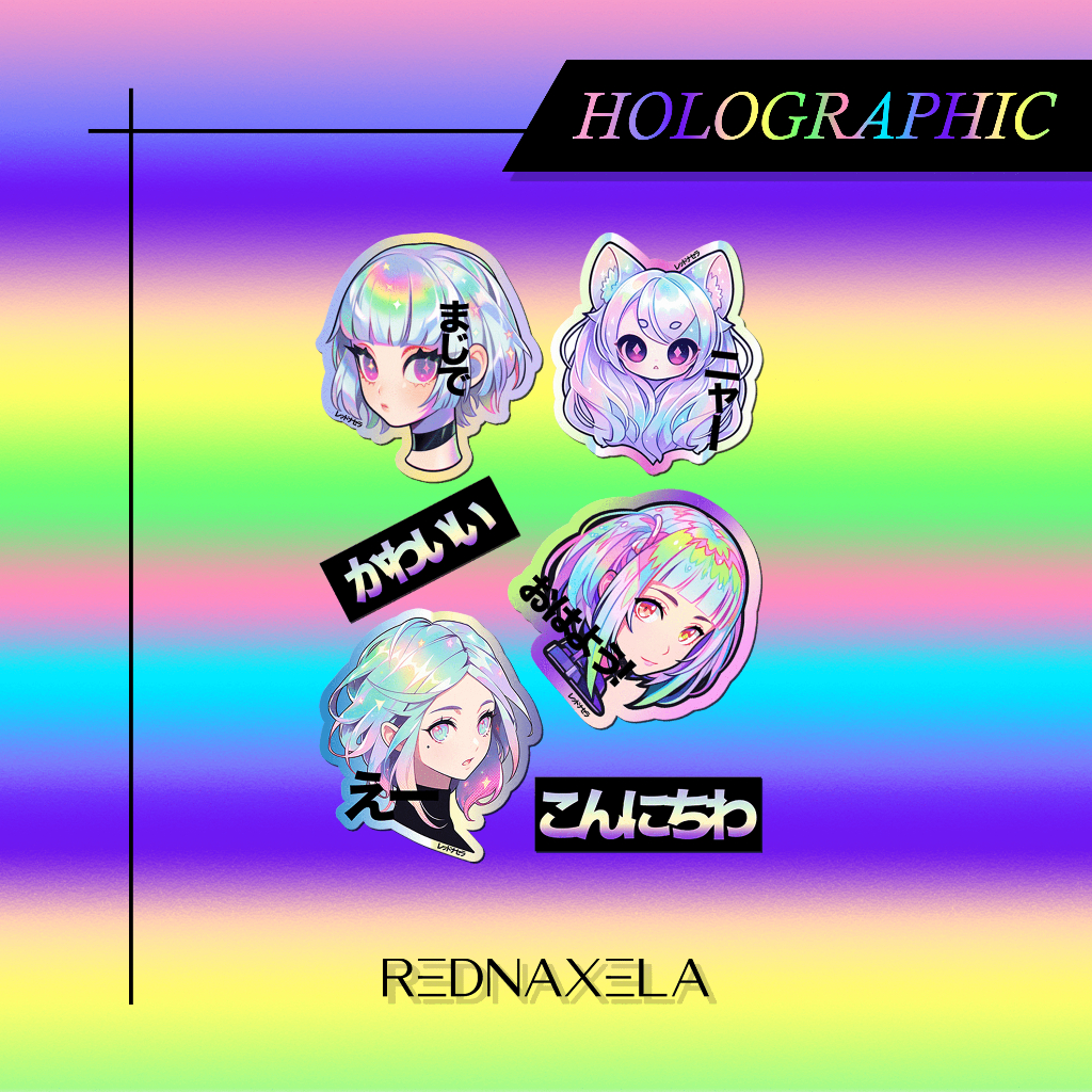 

Stiker Vinyl Hologram A6 Pack Anime Girl Holographic Decorative Mini Stickers