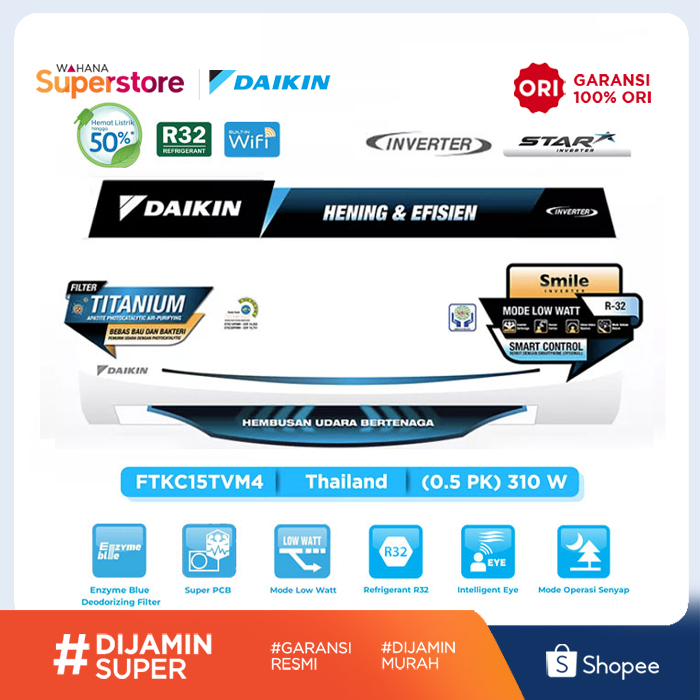 Daikin AC Split Dinding Inverter Star Thailand  R32 0.5 PK ( 1/2 PK ) - FTKC15TVM4 | FTKC15 TVM4