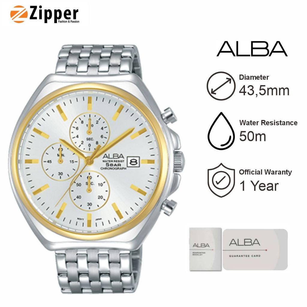 Jam Tangan Pria ALBA AM3474 Strap Rantai Silver Gold Original Garansi Resmi