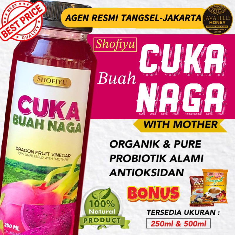 

CUKA BUAH NAGA JAVAHILLS DRAGON FRUITS 250ml probiotik alami with mother kolesterol tensi darah detoks | shofiyu java hills honey