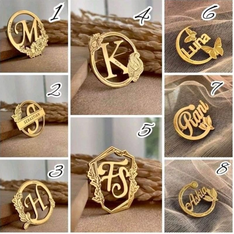 Perhiasan pin/Bros Nama+huruf custom lapis emas gold/silver/rosegold/titanium/monel/kuningan/name ta