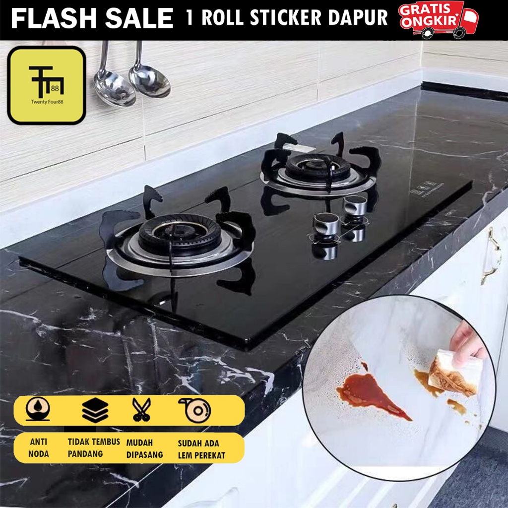 WALLPAPER STIKER MARMER KITCHEN DAPUR MURAH ANTI MINYAK ANTI AIR 60CMX3M MOTIF MARMER HITAM GLOSSY