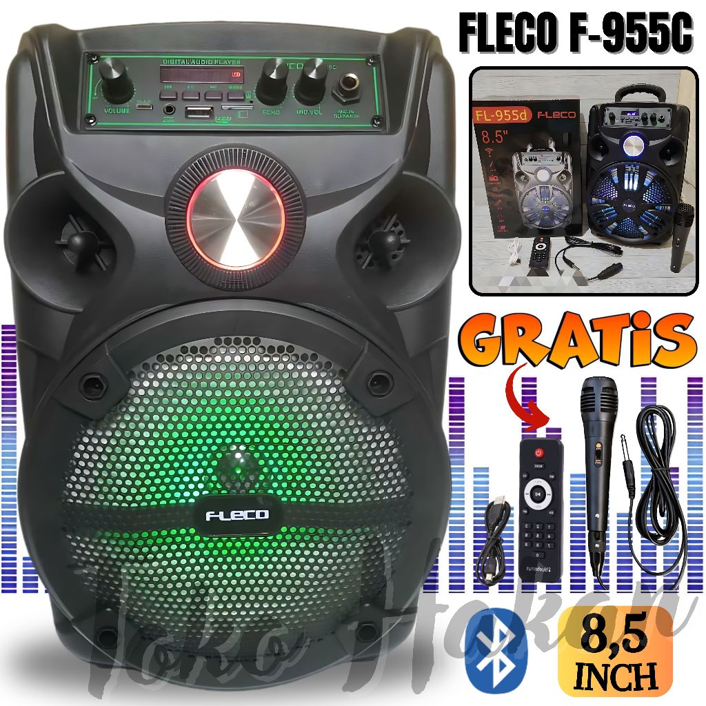 Speaker Bluetooth Fleco F-955C / Speaker 8,5 Inch Bonus Mic Kabel + Remote + Kabel Charger - Speaker