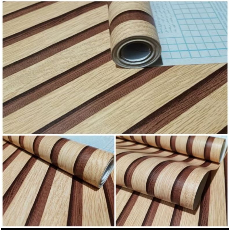 Wallpaper Sticker Dinding Motif Kayu Triplek Cream Garis Coklat Muda Mewah