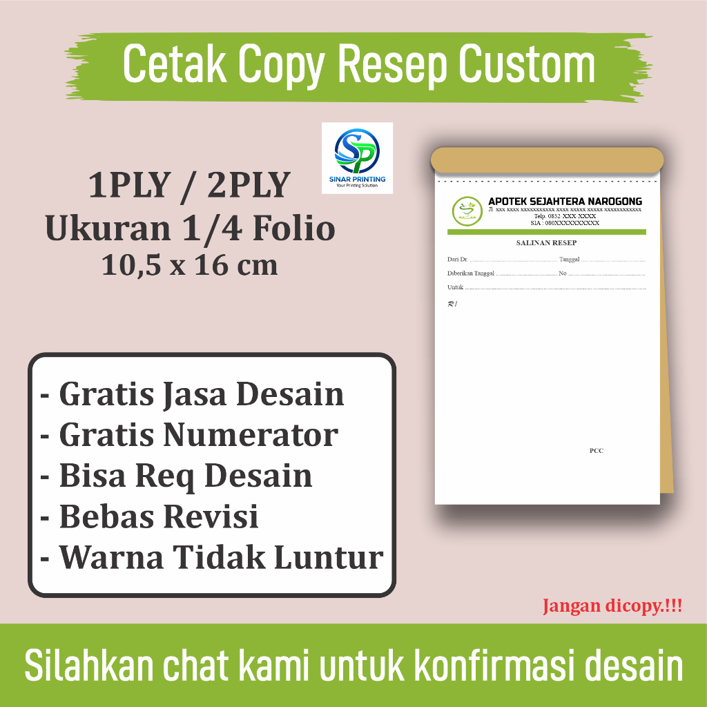

Cetak Copy Resep Custom ukuran 1/4 Folio - 1PLY / 2PLY